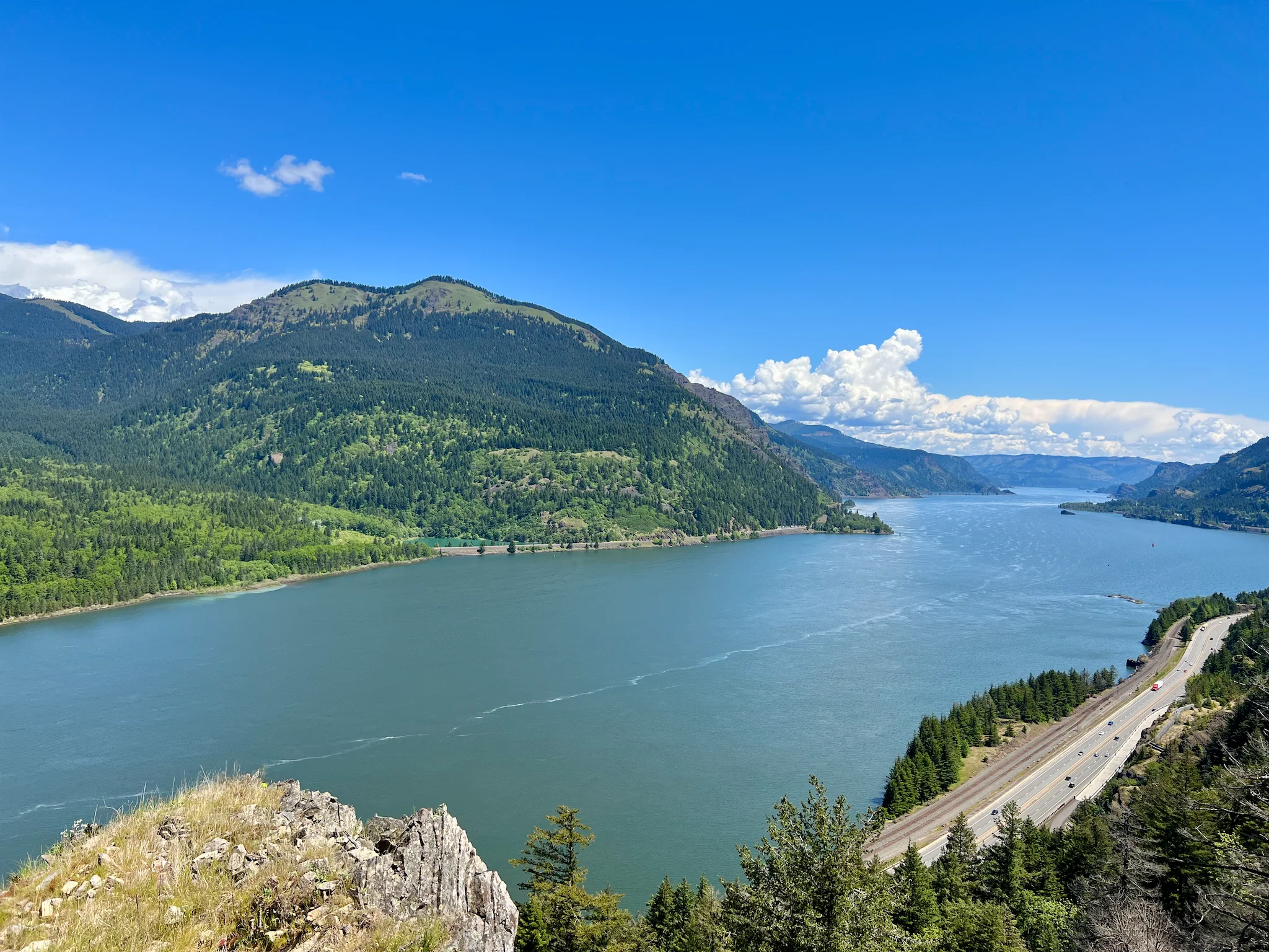 View of the Columbia River Gorge National Scenic Area from high above the river