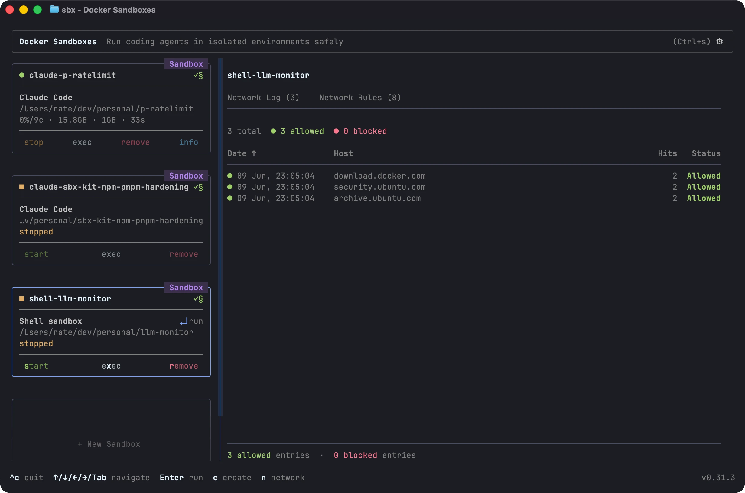 The Docker Sandboxes TUI (“text GUI”), showing easy management of multiple sandboxes.